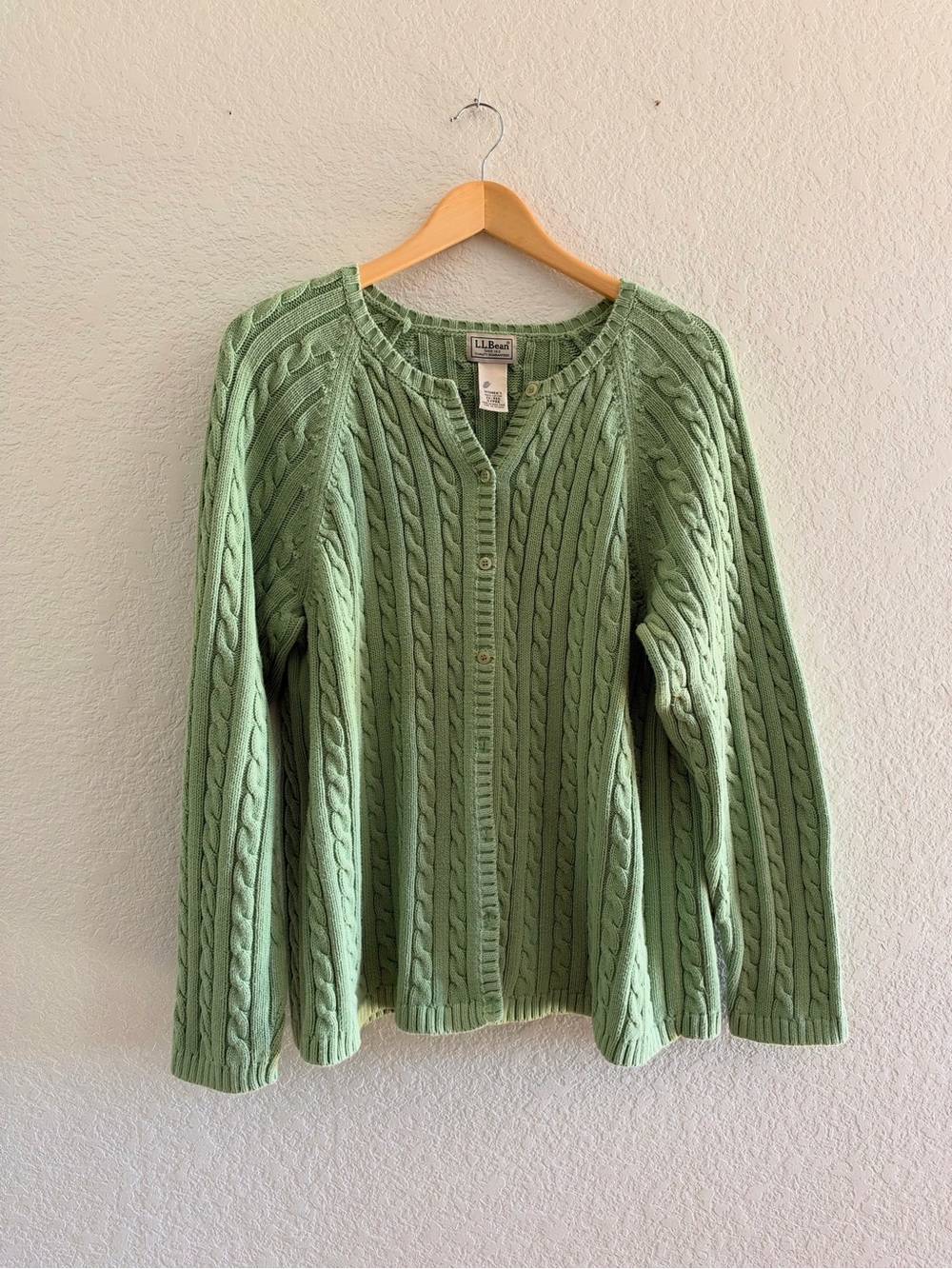 L.L. Bean Vintage Y2K Green Cable-Knit Button Cardigan Fisherman 2X Cozy Fall